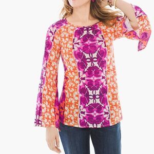 Chico's Mystic Batik Print Flare-Sleeve Floral Pink/Plum/Orange Blouse/Top Sz 2